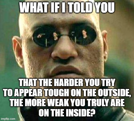 Don't Be A Crybully |  WHAT IF I TOLD YOU; THAT THE HARDER YOU TRY
TO APPEAR TOUGH ON THE OUTSIDE,
THE MORE WEAK YOU TRULY ARE
ON THE INSIDE? | image tagged in what if i told you,tough,weak,fake,pretending to be happy hiding crying behind a mask,mask | made w/ Imgflip meme maker