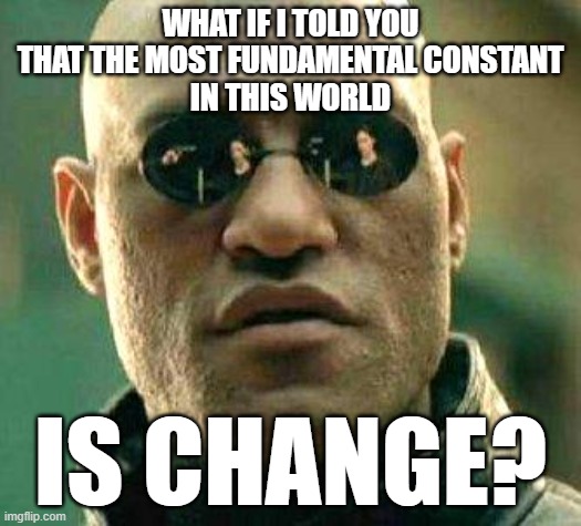Those Who Do Not Adapt Do Not Survive |  WHAT IF I TOLD YOU
THAT THE MOST FUNDAMENTAL CONSTANT
IN THIS WORLD; IS CHANGE? | image tagged in what if i told you,change,improvise adapt overcome,evolution,revolution,chaos | made w/ Imgflip meme maker