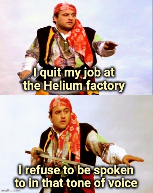 Pirate joke | I quit my job at
the Helium factory I refuse to be spoken to in that tone of voice | image tagged in pirate joke | made w/ Imgflip meme maker