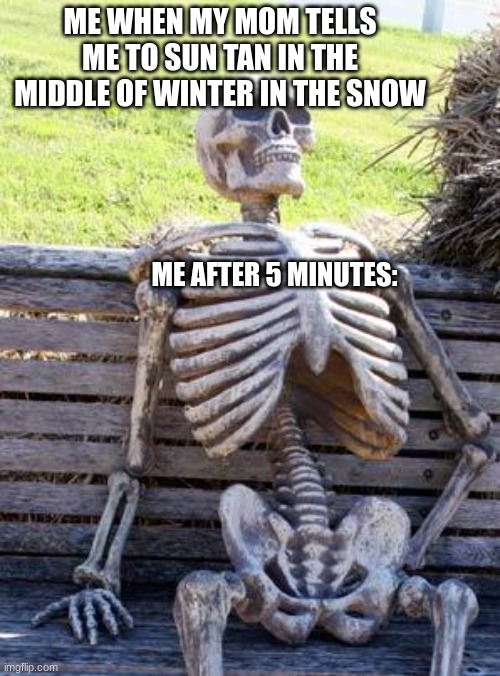 winter Sun tan | ME WHEN MY MOM TELLS ME TO SUN TAN IN THE MIDDLE OF WINTER IN THE SNOW; ME AFTER 5 MINUTES: | image tagged in memes,waiting skeleton | made w/ Imgflip meme maker