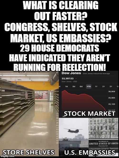 What is clearing out faster? | WHAT IS CLEARING OUT FASTER? CONGRESS, SHELVES, STOCK MARKET, US EMBASSIES? 29 HOUSE DEMOCRATS HAVE INDICATED THEY AREN’T RUNNING FOR REELECTION! | image tagged in morons,idiots,stupidity,cowards,joe biden | made w/ Imgflip meme maker