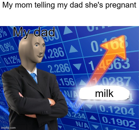 NO MOREEE DAD | My mom telling my dad she's pregnant; My dad; milk | image tagged in empty stonks | made w/ Imgflip meme maker
