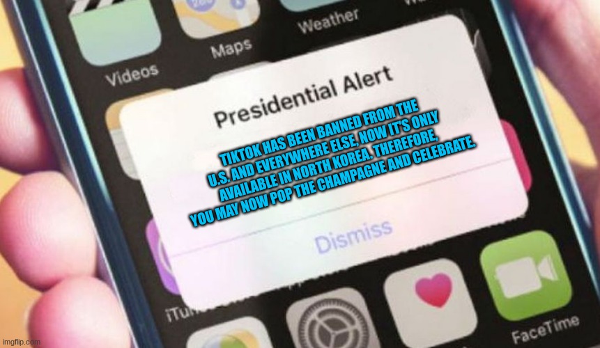 meanwhile, in a alternative universe that is clearly better to live in | TIKTOK HAS BEEN BANNED FROM THE U.S. AND EVERYWHERE ELSE, NOW IT'S ONLY AVAILABLE IN NORTH KOREA. THEREFORE, YOU MAY NOW POP THE CHAMPAGNE AND CELEBRATE. | image tagged in memes,presidential alert,tiktok sucks,tik tok sucks,parallel universe | made w/ Imgflip meme maker