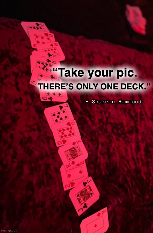 Fair game | “Take your pic. THERE’S ONLY ONE DECK.”; - Shareen Hammoud | image tagged in games,mental health,community,blackjack,abuse,lifequotes | made w/ Imgflip meme maker