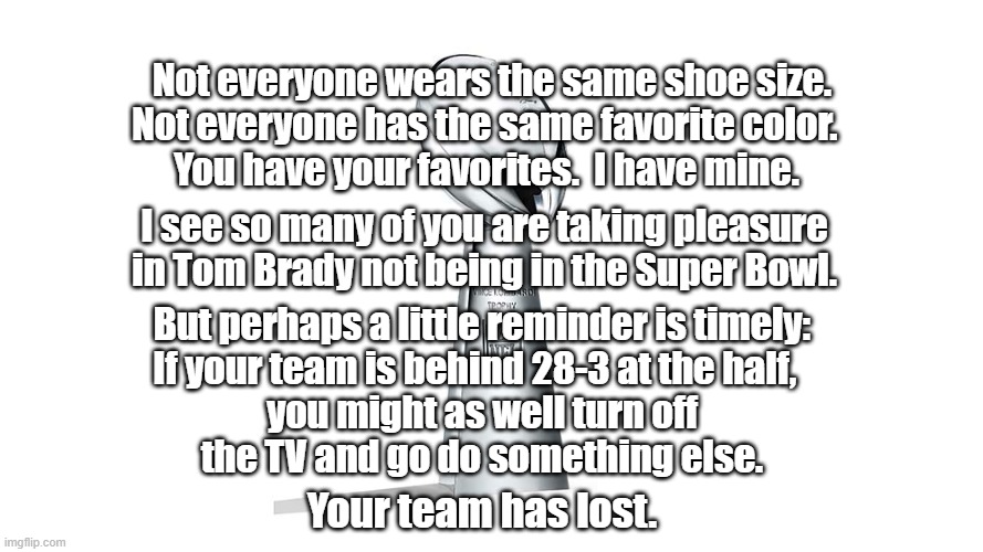 Not Everyone | Not everyone wears the same shoe size. Not everyone has the same favorite color. You have your favorites.  I have mine. I see so many of you are taking pleasure in Tom Brady not being in the Super Bowl. But perhaps a little reminder is timely: If your team is behind 28-3 at the half, you might as well turn off the TV and go do something else. Your team has lost. | image tagged in sports fans | made w/ Imgflip meme maker
