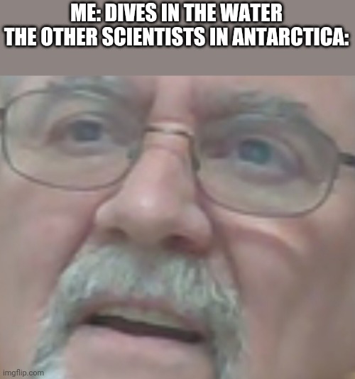 Confused old man | ME: DIVES IN THE WATER
THE OTHER SCIENTISTS IN ANTARCTICA: | image tagged in confused old man | made w/ Imgflip meme maker
