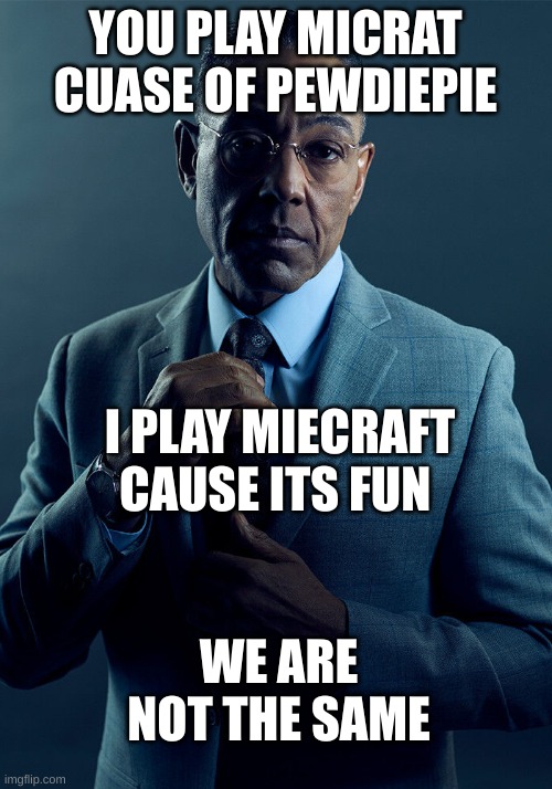 Gus Fring we are not the same | YOU PLAY MICRAT CUASE OF PEWDIEPIE; I PLAY MIECRAFT CAUSE ITS FUN; WE ARE NOT THE SAME | image tagged in gus fring we are not the same | made w/ Imgflip meme maker