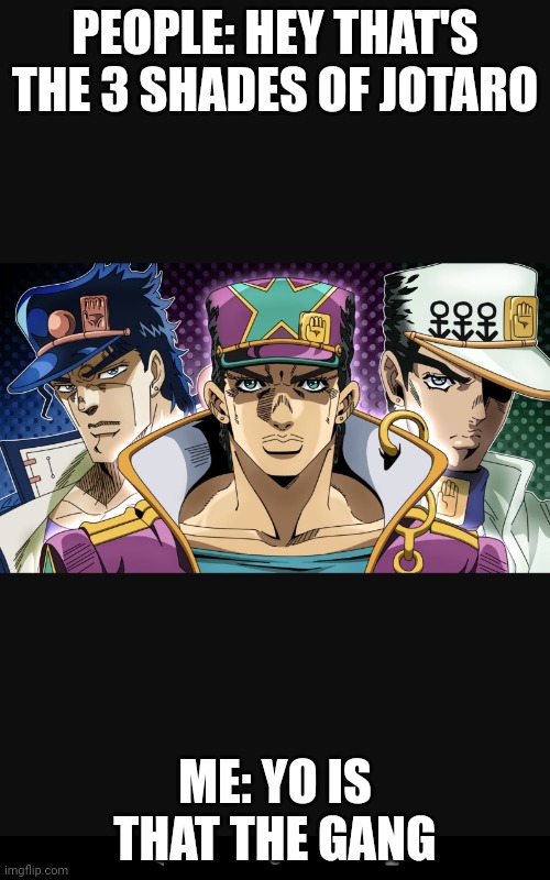 The 3 shades of jotaro | PEOPLE: HEY THAT'S THE 3 SHADES OF JOTARO; ME: YO IS THAT THE GANG | image tagged in funnypost | made w/ Imgflip meme maker