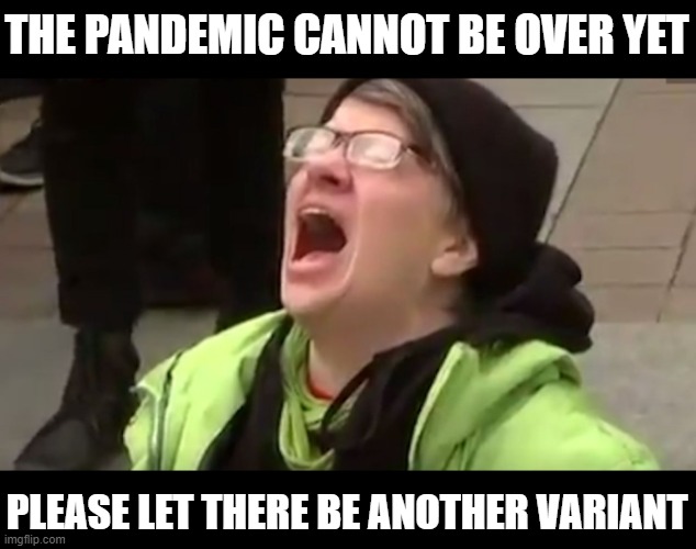 Screaming Liberal  | THE PANDEMIC CANNOT BE OVER YET; PLEASE LET THERE BE ANOTHER VARIANT | image tagged in screaming liberal | made w/ Imgflip meme maker