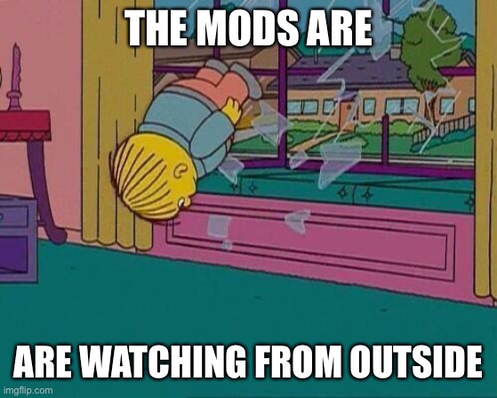 We are watching | THE MODS ARE; ARE WATCHING FROM OUTSIDE | image tagged in simpsons jump through window | made w/ Imgflip meme maker