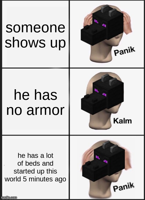 ender dragon vs speedruner | someone shows up; he has no armor; he has a lot of beds and started up this world 5 minutes ago | image tagged in memes,panik kalm panik | made w/ Imgflip meme maker