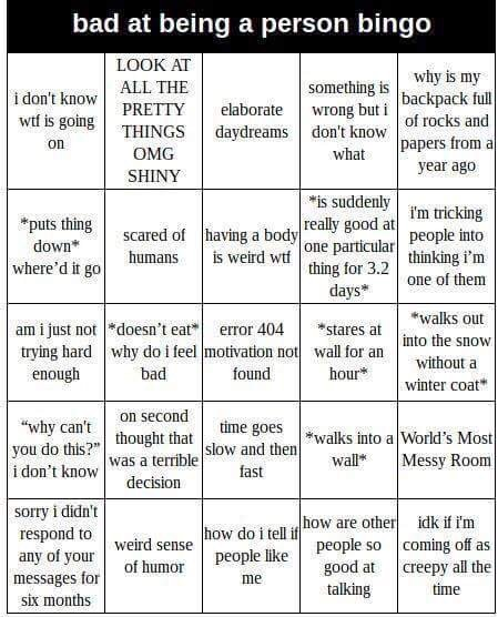 bad at being a person bingo Blank Meme Template