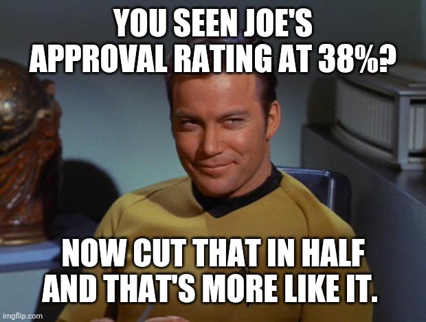 20% tops. | YOU SEEN JOE'S APPROVAL RATING AT 38%? NOW CUT THAT IN HALF AND THAT'S MORE LIKE IT. | image tagged in kirk smirk | made w/ Imgflip meme maker