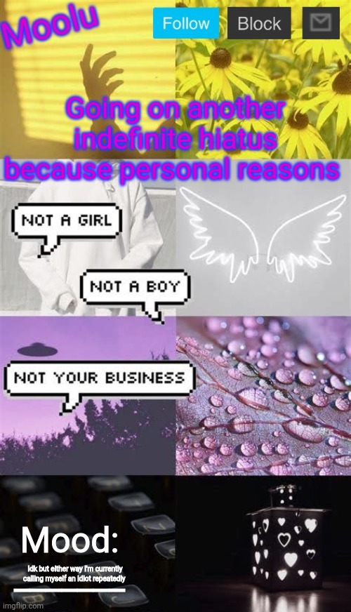 Another announcement temp because fuck it | Going on another indefinite hiatus because personal reasons; Idk but either way I'm currently calling myself an idiot repeatedly | made w/ Imgflip meme maker