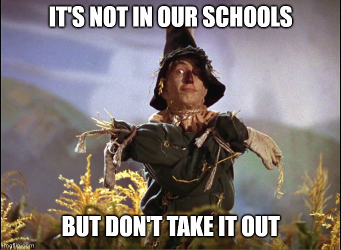 Wizard of Oz Scarecrow which way | IT'S NOT IN OUR SCHOOLS BUT DON'T TAKE IT OUT | image tagged in wizard of oz scarecrow which way | made w/ Imgflip meme maker
