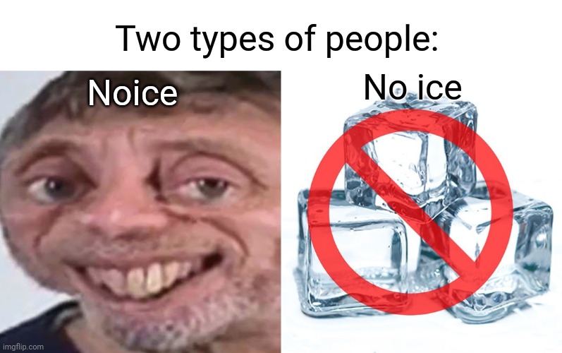 Noice; No ice | Two types of people: Noice No ice | image tagged in noice,ice,memes,meme,dank memes,dank meme | made w/ Imgflip meme maker