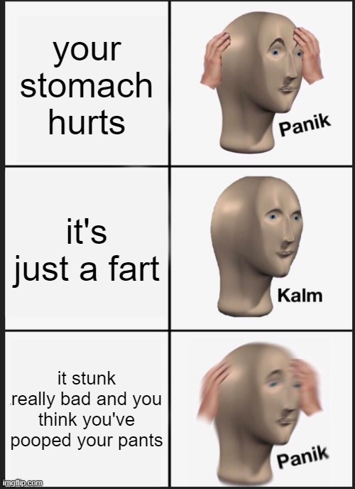 farts | your stomach hurts; it's just a fart; it stunk really bad and you think you've pooped your pants | image tagged in memes,panik kalm panik | made w/ Imgflip meme maker