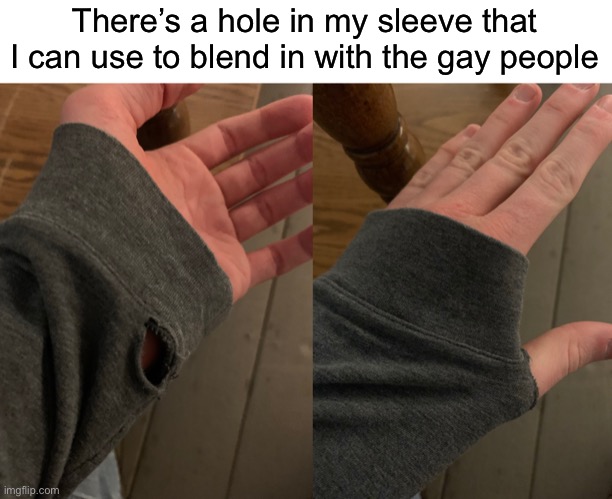 There’s a hole in my sleeve that I can use to blend in with the gay people | made w/ Imgflip meme maker