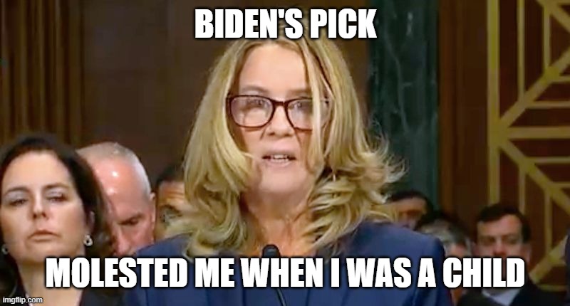 Christine Blasey Ford | BIDEN'S PICK MOLESTED ME WHEN I WAS A CHILD | image tagged in christine blasey ford | made w/ Imgflip meme maker