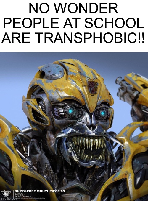 Transphobia | NO WONDER PEOPLE AT SCHOOL ARE TRANSPHOBIC!! | image tagged in transformers,transphobic | made w/ Imgflip meme maker