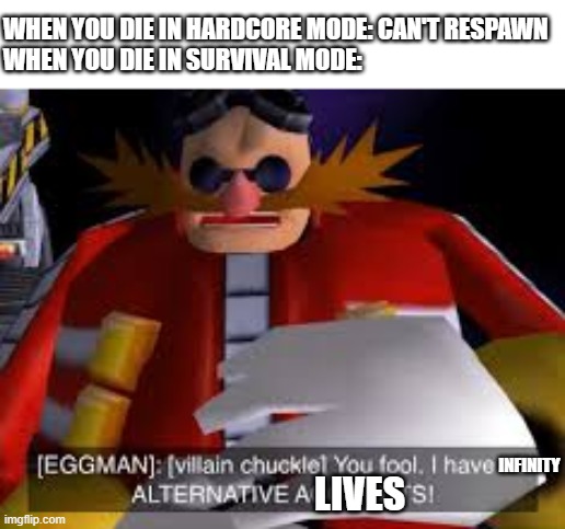 Infinity alternative lives | WHEN YOU DIE IN HARDCORE MODE: CAN'T RESPAWN
WHEN YOU DIE IN SURVIVAL MODE:; INFINITY; LIVES | image tagged in eggman alternative accounts,survival mode,respawn | made w/ Imgflip meme maker