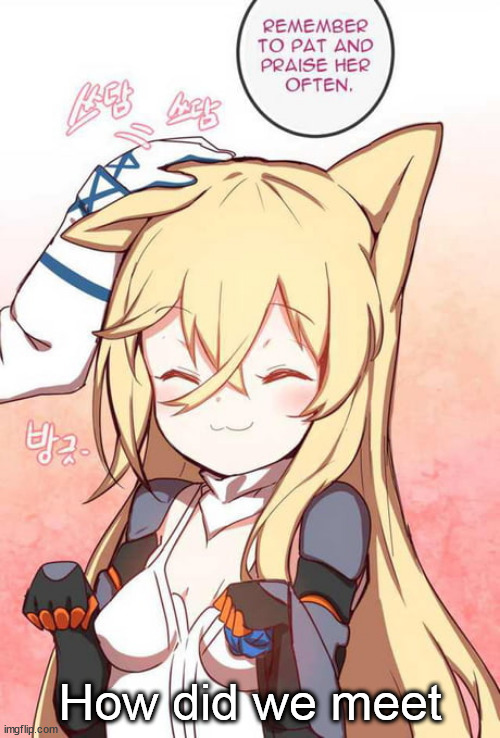 T r e n d ? | How did we meet | image tagged in remember to pat and praise her often | made w/ Imgflip meme maker