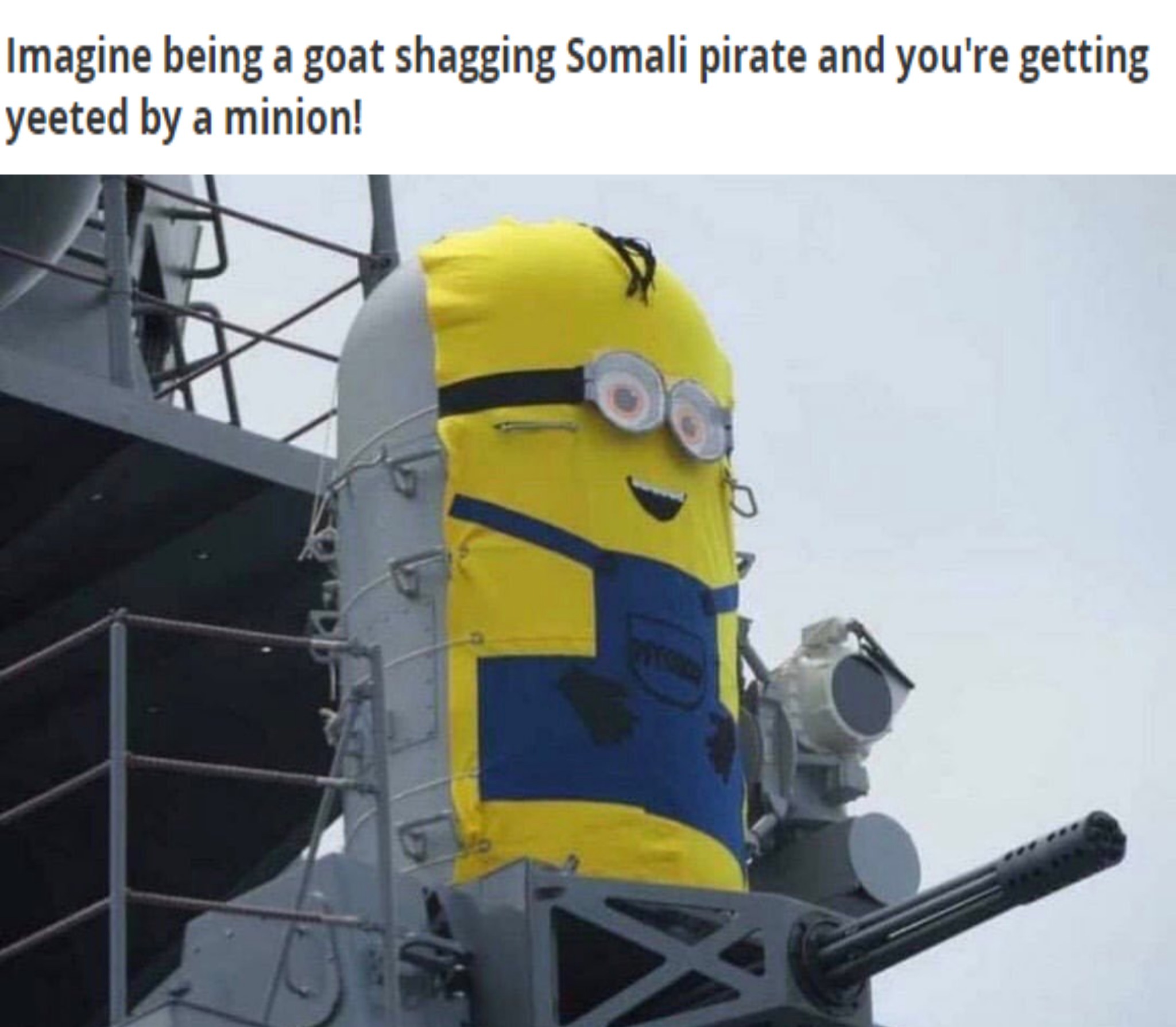 Imagine being a Somali pirate and you're getting yeeted by a minion! | image tagged in minions,excited minions,no more goat shaggers,goat love,camel humpers,achmed the dead terrorist | made w/ Imgflip meme maker