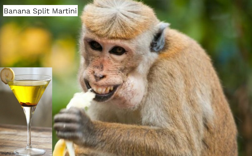 Time for a little something | image tagged in happy monkey,monkey,martini,banana | made w/ Imgflip meme maker