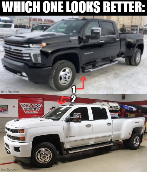 WHICH ONE LOOKS BETTER: 1
2 | image tagged in 2021 chevy silverado | made w/ Imgflip meme maker