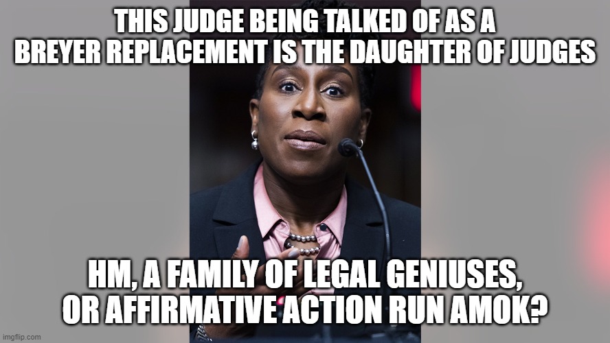 Have u ever heard of a father mother and daughter all judges | THIS JUDGE BEING TALKED OF AS A BREYER REPLACEMENT IS THE DAUGHTER OF JUDGES; HM, A FAMILY OF LEGAL GENIUSES, OR AFFIRMATIVE ACTION RUN AMOK? | image tagged in memess,breyer,i havent,has to be a blk fem bc racism,biden sed | made w/ Imgflip meme maker