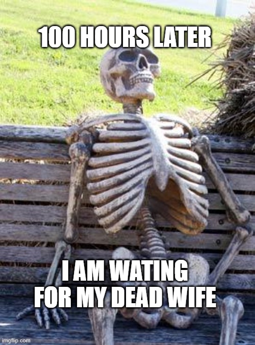 i am waiting | 100 HOURS LATER; I AM WATING FOR MY DEAD WIFE | image tagged in memes,waiting skeleton | made w/ Imgflip meme maker
