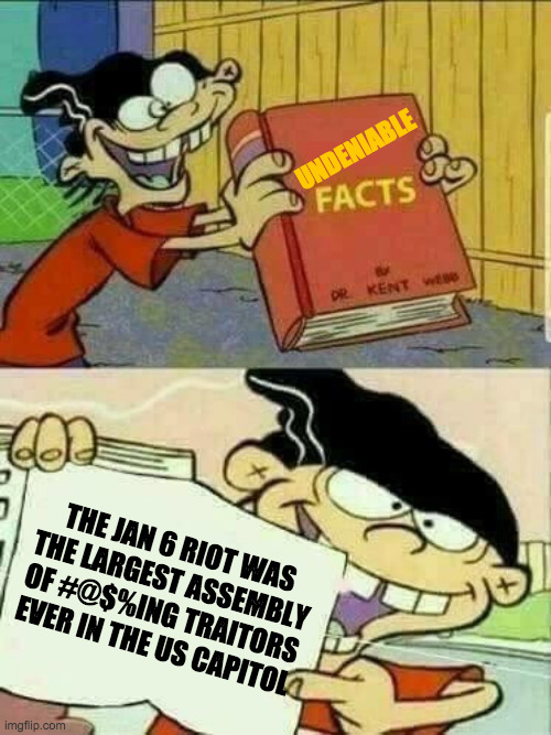 Future 11th graders will find American history more scandalous than we did. | UNDENIABLE; THE JAN 6 RIOT WAS
THE LARGEST ASSEMBLY
OF #@$%ING TRAITORS EVER IN THE US CAPITOL | image tagged in double d facts book,memes,traitors,january 6 | made w/ Imgflip meme maker
