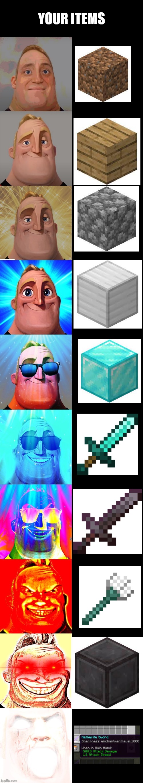 Your items in minecraft | image tagged in mr incredible becoming canny | made w/ Imgflip meme maker