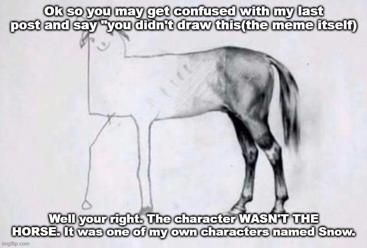 ok? | Ok so you may get confused with my last post and say "you didn't draw this(the meme itself); Well your right. The character WASN'T THE HORSE. It was one of my own characters named Snow. | image tagged in horse drawing | made w/ Imgflip meme maker