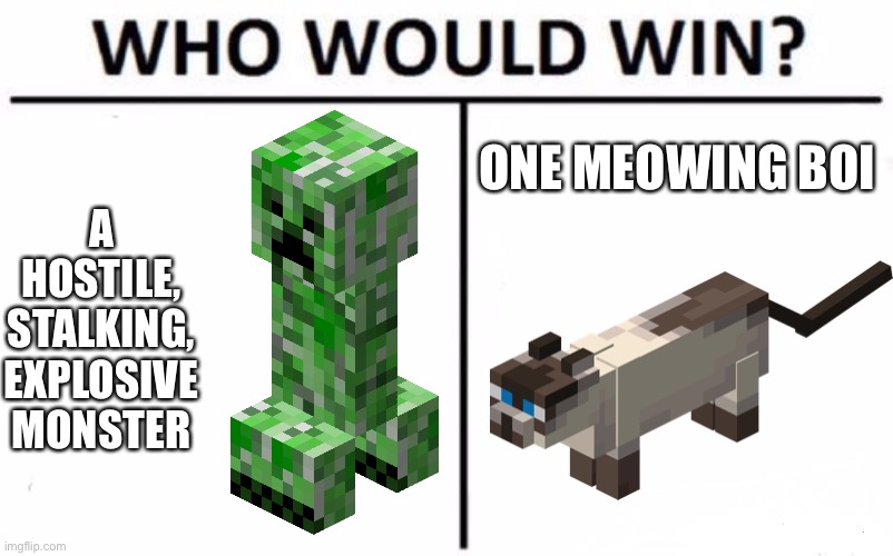 Who Would Win? | ONE MEOWING BOI; A HOSTILE, STALKING, EXPLOSIVE MONSTER | image tagged in memes,who would win,minecraft,minecraft creeper,creeper,minecraft memes | made w/ Imgflip meme maker