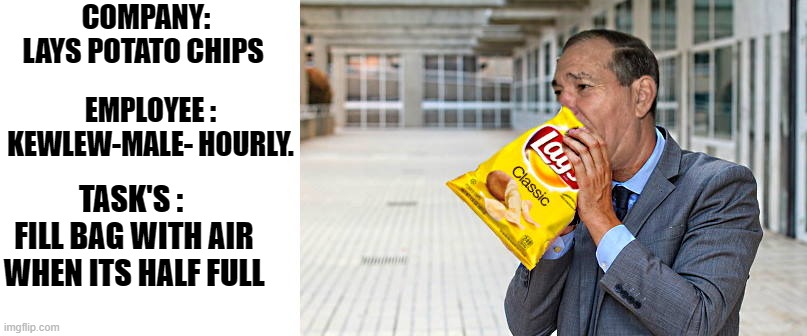 My position at Lay's | COMPANY:
LAYS POTATO CHIPS; EMPLOYEE :
KEWLEW-MALE- HOURLY. TASK'S : 
FILL BAG WITH AIR WHEN ITS HALF FULL | image tagged in potato chips,job | made w/ Imgflip meme maker
