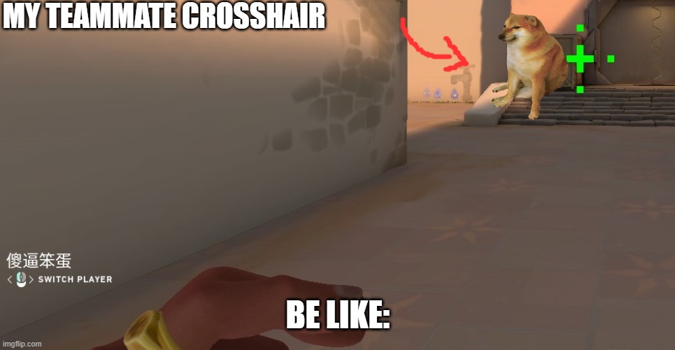 valorant crosshair | MY TEAMMATE CROSSHAIR; BE LIKE: | image tagged in valorant crosshair | made w/ Imgflip meme maker