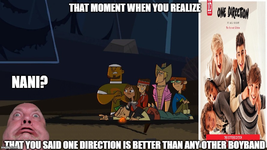 1D vs other boybands | THAT MOMENT WHEN YOU REALIZE; NANI? THAT YOU SAID ONE DIRECTION IS BETTER THAN ANY OTHER BOYBAND | image tagged in homeless campers | made w/ Imgflip meme maker