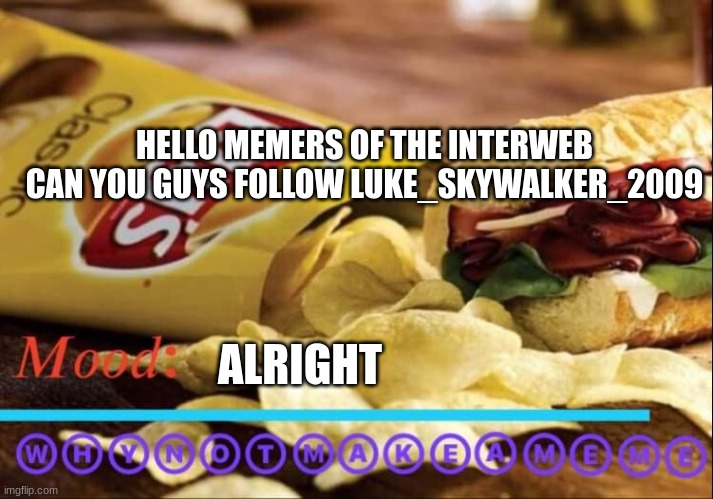 whynot template | HELLO MEMERS OF THE INTERWEB CAN YOU GUYS FOLLOW LUKE_SKYWALKER_2009; ALRIGHT | image tagged in whynot template | made w/ Imgflip meme maker