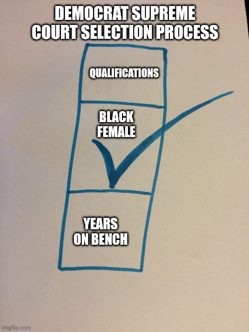 Check that box | DEMOCRAT SUPREME COURT SELECTION PROCESS; QUALIFICATIONS; BLACK FEMALE; YEARS ON BENCH | image tagged in check that box | made w/ Imgflip meme maker