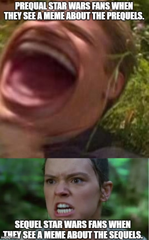 PREQUAL STAR WARS FANS WHEN THEY SEE A MEME ABOUT THE PREQUELS. SEQUEL STAR WARS FANS WHEN THEY SEE A MEME ABOUT THE SEQUELS. | image tagged in laughing anakin | made w/ Imgflip meme maker