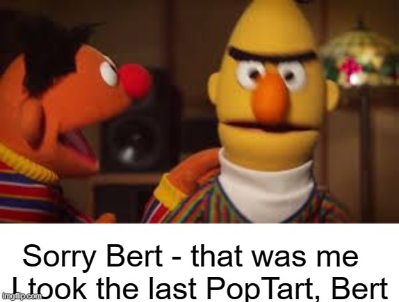 Bert and Ernie  | Sorry Bert - that was me  
I took the last PopTart, Bert | image tagged in bert and ernie | made w/ Imgflip meme maker