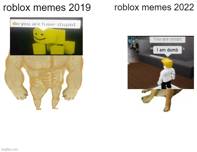 Buff Doge vs. Cheems | roblox memes 2019; roblox memes 2022 | image tagged in memes,buff doge vs cheems | made w/ Imgflip meme maker