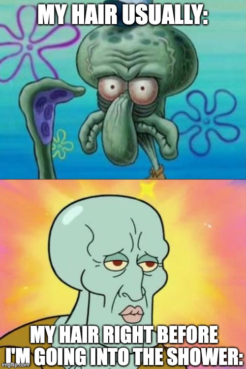 MY HAIR USUALLY:; MY HAIR RIGHT BEFORE I'M GOING INTO THE SHOWER: | made w/ Imgflip meme maker