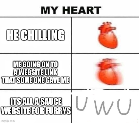 My heart blank | HE CHILLING; ME GOING ON TO A WEBSITE LINK THAT SOME ONE GAVE ME; ITS ALL A SAUCE WEBSITE FOR FURRYS | image tagged in my heart blank | made w/ Imgflip meme maker