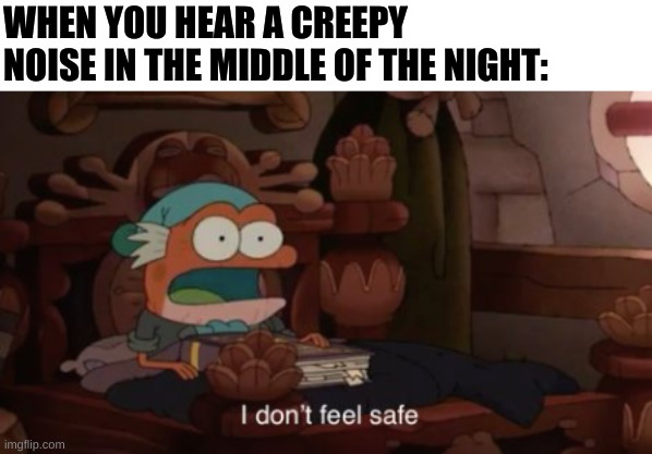 True | WHEN YOU HEAR A CREEPY NOISE IN THE MIDDLE OF THE NIGHT: | image tagged in i don't feel safe | made w/ Imgflip meme maker