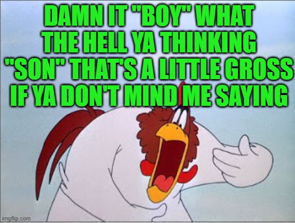 foghorn | DAMN IT "BOY" WHAT THE HELL YA THINKING "SON" THAT'S A LITTLE GROSS IF YA DON'T MIND ME SAYING | image tagged in foghorn | made w/ Imgflip meme maker