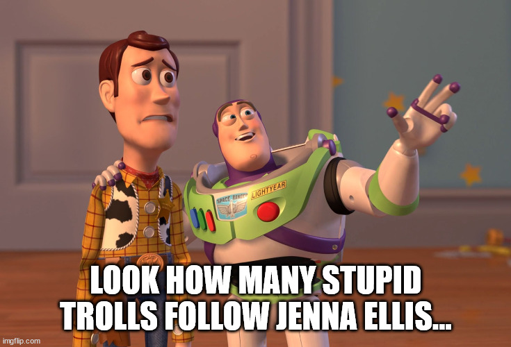 Jenna Ellis trolls | LOOK HOW MANY STUPID TROLLS FOLLOW JENNA ELLIS... | image tagged in memes,x x everywhere | made w/ Imgflip meme maker