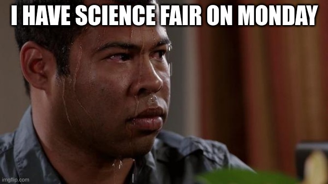 sweating bullets | I HAVE SCIENCE FAIR ON MONDAY | image tagged in sweating bullets | made w/ Imgflip meme maker