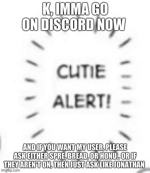 sorry to volunteer you like that | K, IMMA GO ON DISCORD NOW; AND IF YOU WANT MY USER, PLEASE ASK EITHER SPRE, BREAD, OR HONU.. OR IF THEY AREN'T ON, THEN JUST ASK LIKE JONATHAN | image tagged in cutie alert | made w/ Imgflip meme maker